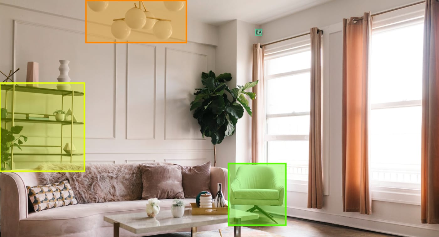 Example of a living room interior with a chandelier, shelving unit and armchair annotated with bounding boxes
