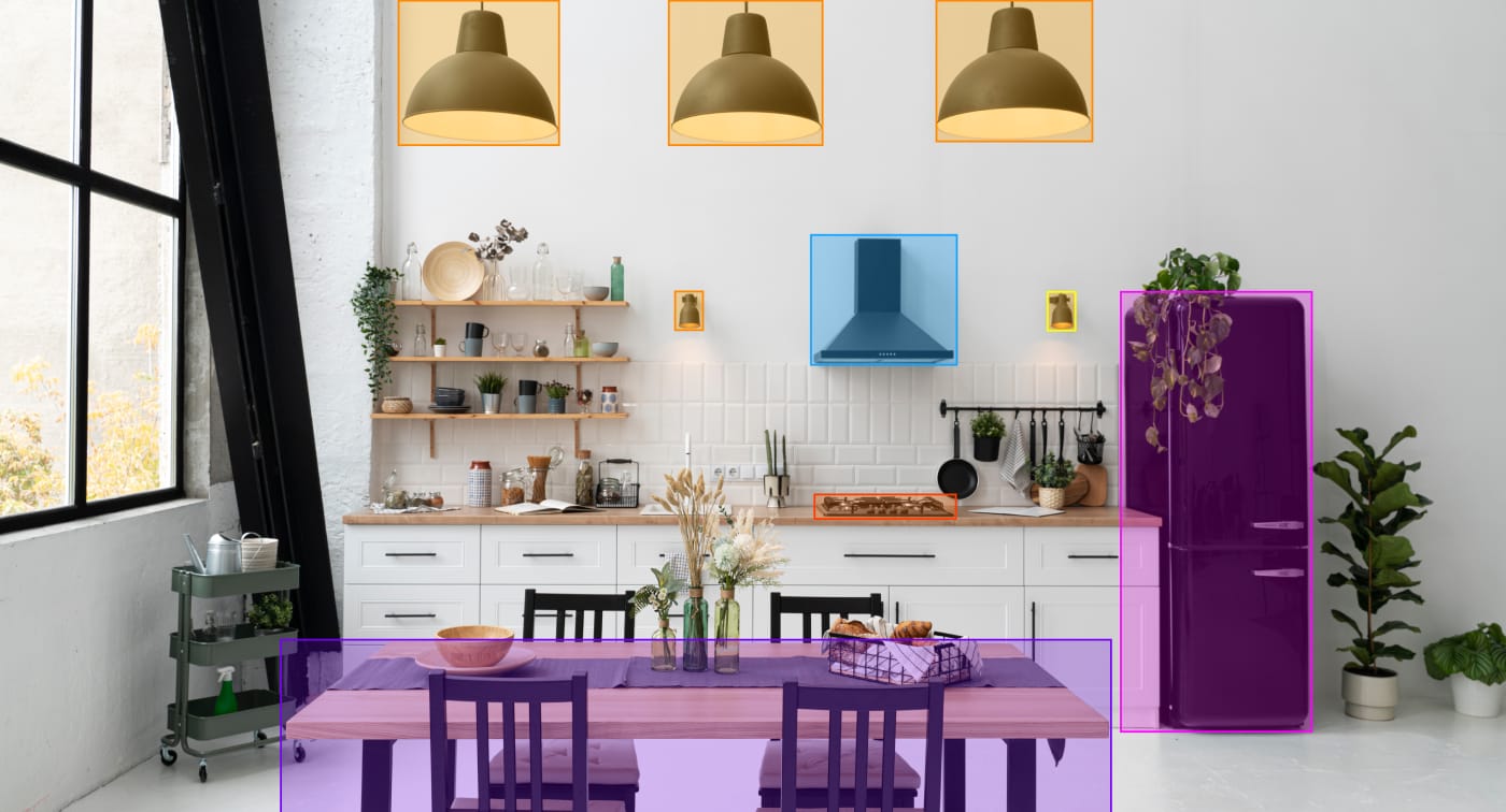 Example of a kitchen interior with pendant lights, range hood, cooktop, refrigerator and dining table annotated with bounding boxes