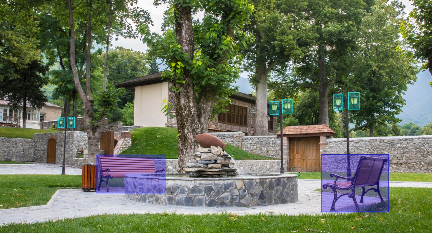 Example of an outdoor courtyard with benches and street lamps annotated with bounding boxes